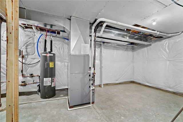 utility room featuring electric water heater and heating unit