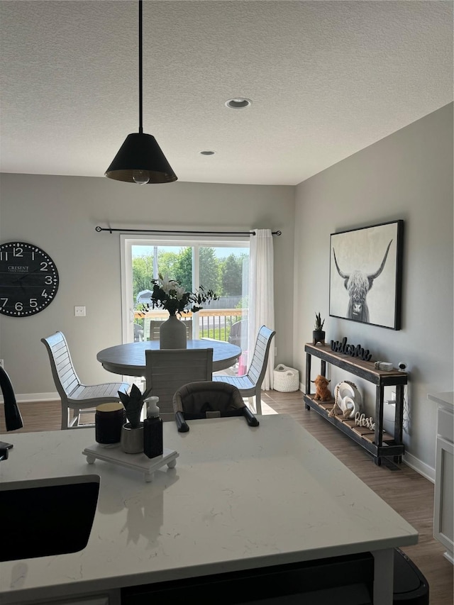 dining space featuring sink, dark hardwood / wood-style floors, and a textured ceiling