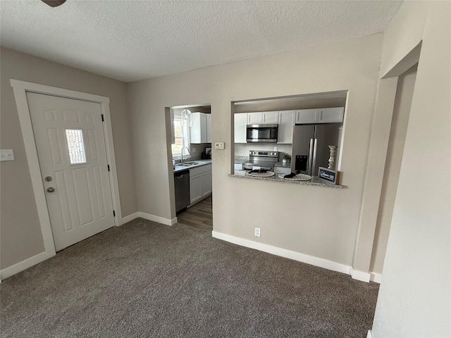 kitchen with sink, dark carpet, stainless steel appliances, and a textured ceiling