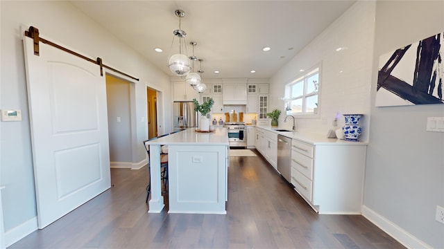 kitchen with pendant lighting, sink, a center island, stainless steel appliances, and a barn door