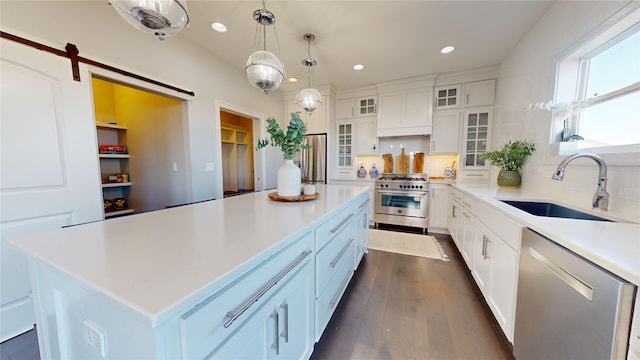 kitchen with sink, white cabinetry, a center island, appliances with stainless steel finishes, and a barn door