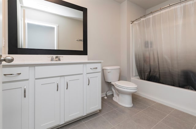 full bathroom with vanity, tile patterned floors, toilet, and shower / bathtub combination with curtain