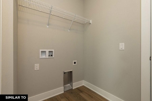 laundry room with electric dryer hookup, washer hookup, and dark hardwood / wood-style flooring