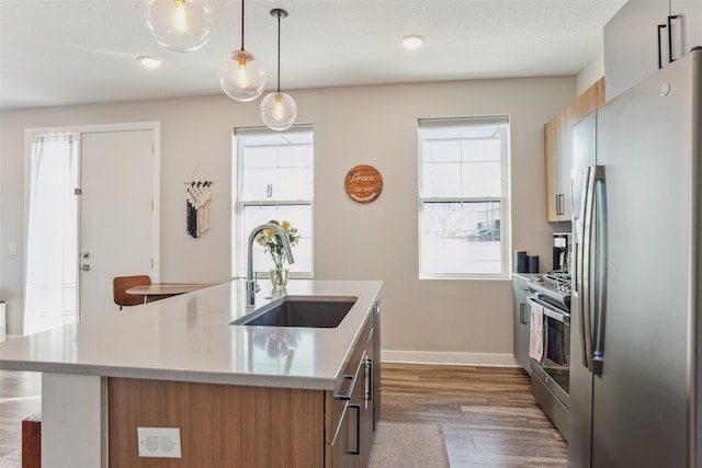 kitchen featuring hardwood / wood-style floors, pendant lighting, sink, a kitchen island with sink, and stainless steel appliances