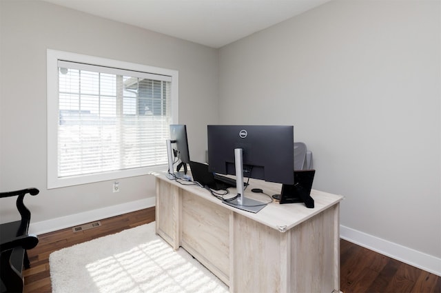 office space with wood-type flooring