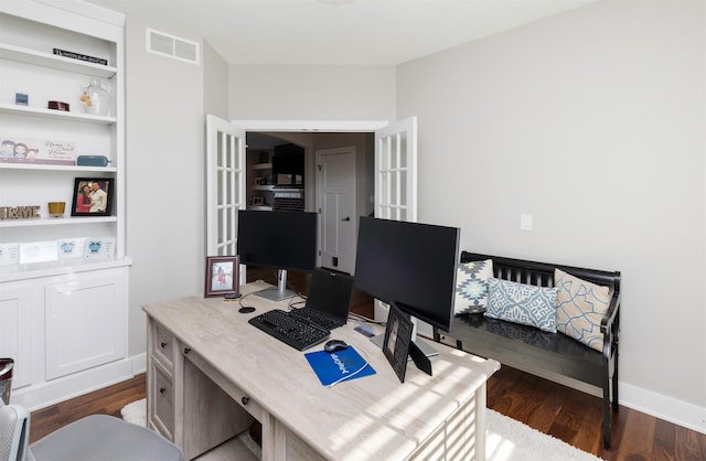 home office featuring dark wood-type flooring and built in features