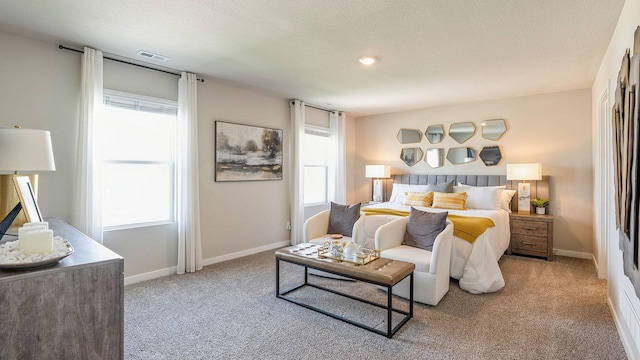 carpeted bedroom with a textured ceiling