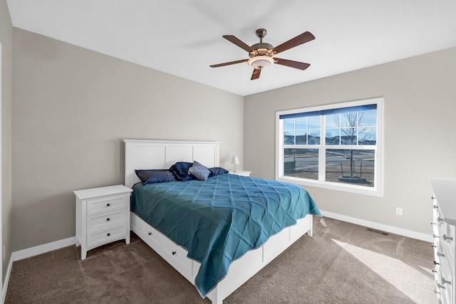 bedroom with ceiling fan and dark colored carpet