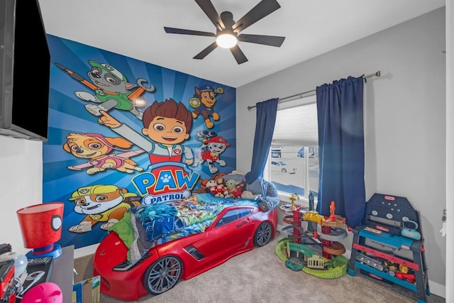 carpeted bedroom with ceiling fan