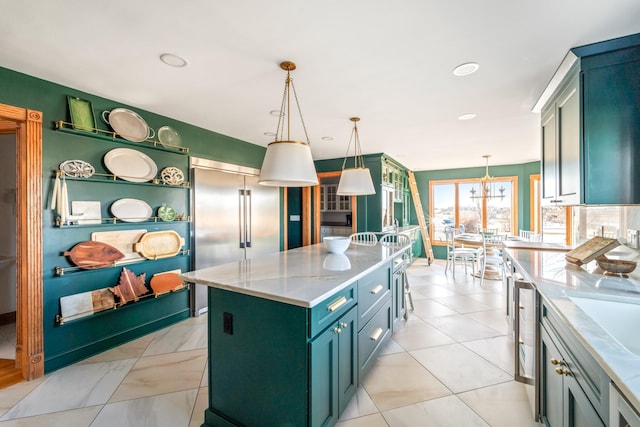 kitchen with pendant lighting, a center island, stainless steel built in fridge, green cabinets, and recessed lighting