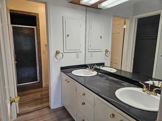 bathroom with vanity, a shower with door, and hardwood / wood-style floors