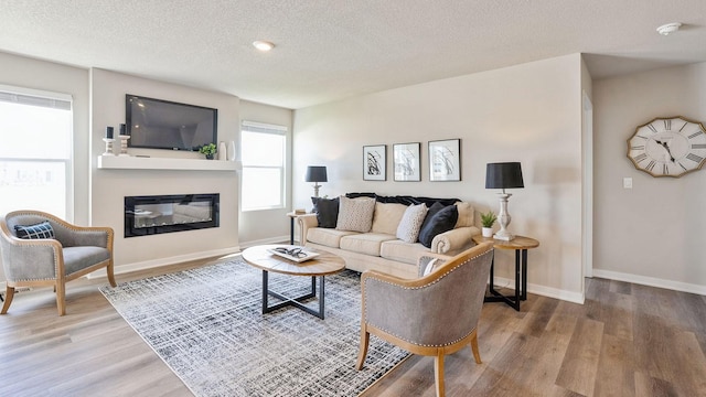 living room with wood-type flooring and a textured ceiling