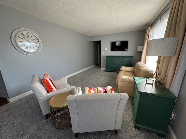 carpeted living room with a textured ceiling