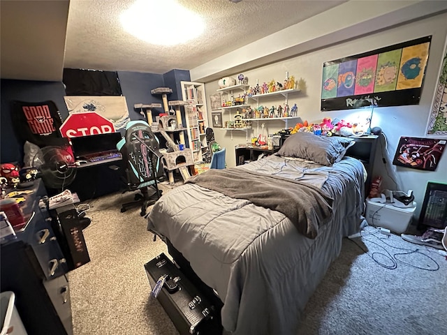 carpeted bedroom featuring a textured ceiling