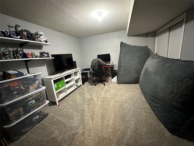 interior space featuring carpet flooring and a textured ceiling