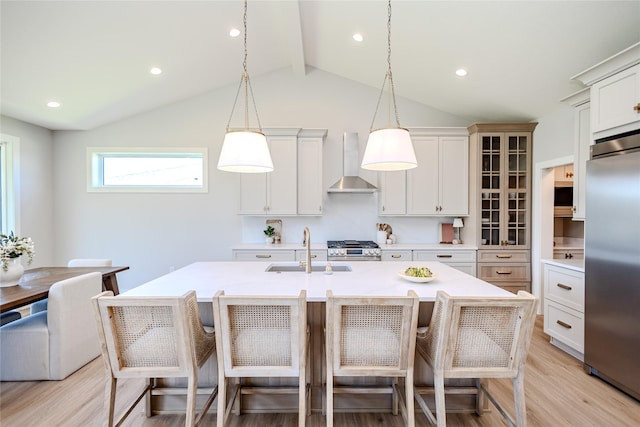 16217 Walnut Meadows Ct, Urbandale, IA 50323 - kitchen with wall chimney range hood, appliances with stainless steel finishes, a sink, light wood finished floors, and light countertops