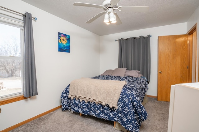 carpeted bedroom with ceiling fan, multiple windows, and a textured ceiling