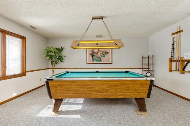 playroom with carpet floors, pool table, and a textured ceiling