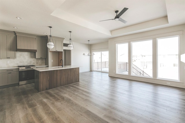 kitchen with a center island with sink, gas stove, sink, a raised ceiling, and dark hardwood / wood-style floors