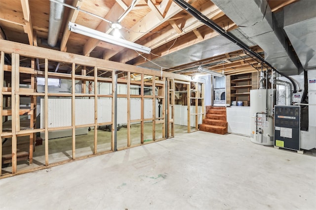 basement featuring water heater and heating unit