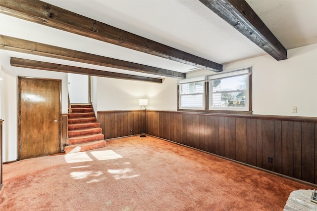 basement featuring carpet floors and wood walls