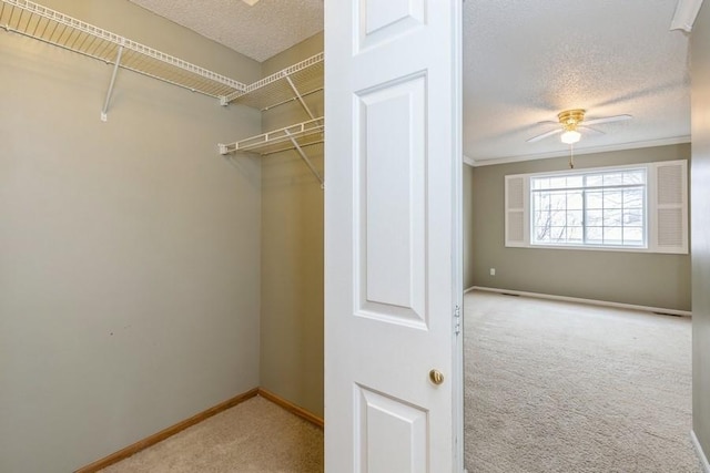 walk in closet with light colored carpet and ceiling fan