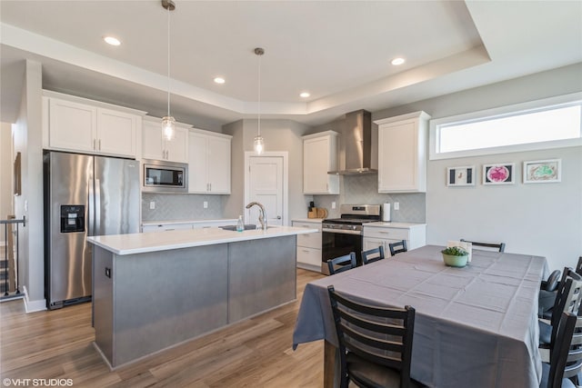 kitchen with white cabinetry, appliances with stainless steel finishes, wall chimney range hood, and a tray ceiling