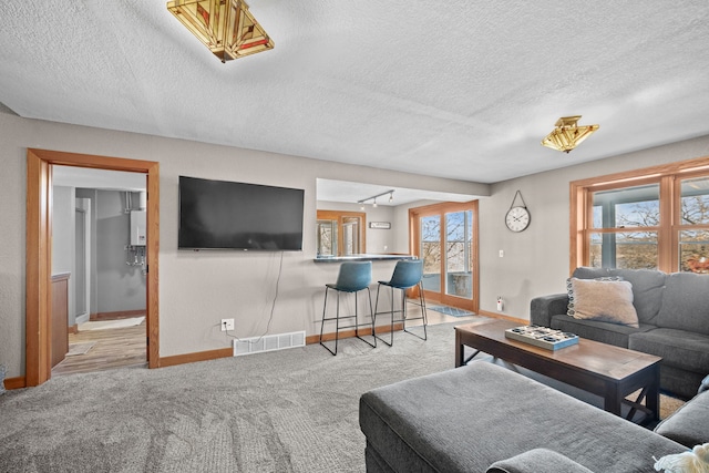 carpeted living room featuring track lighting and a textured ceiling