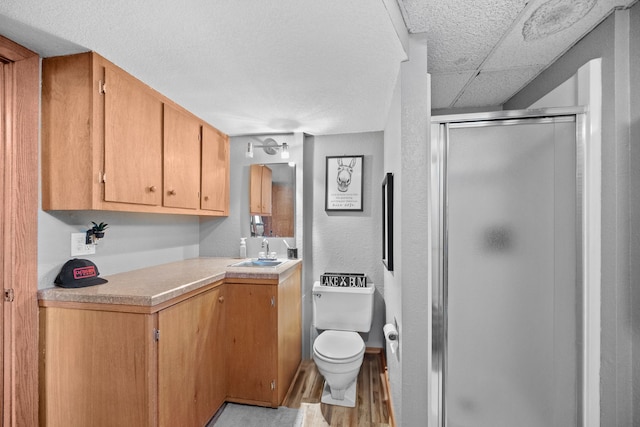 bathroom featuring vanity, an enclosed shower, a paneled ceiling, and wood-type flooring