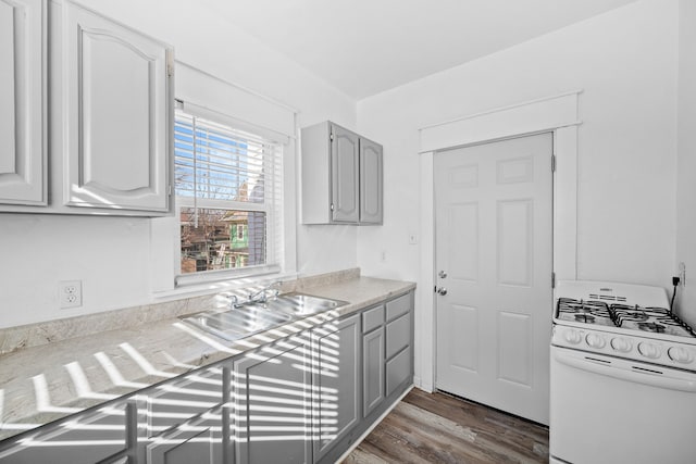 kitchen featuring gray cabinets, sink, white range with gas stovetop, and dark wood-type flooring