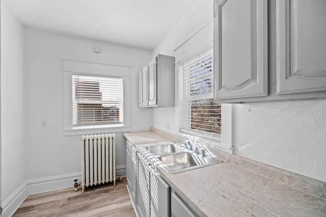 kitchen featuring gray cabinets, sink, radiator heating unit, and light wood-type flooring