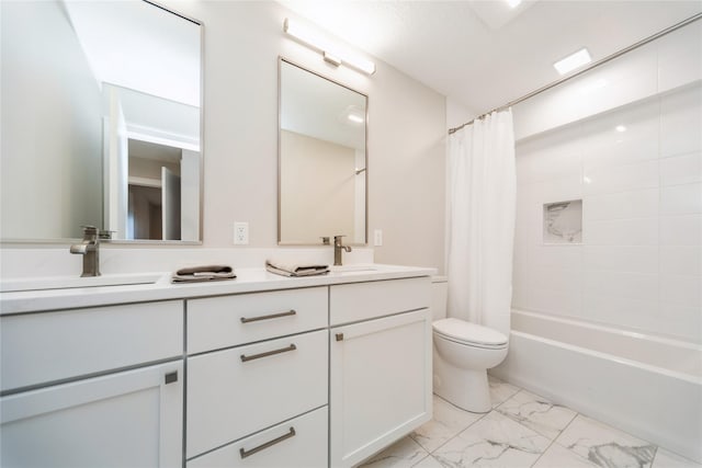 full bathroom with vanity, toilet, and shower / bathtub combination with curtain