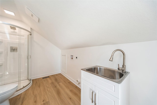 interior space featuring wood-type flooring, lofted ceiling, vanity, an enclosed shower, and toilet