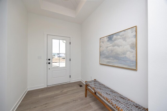 entryway featuring light hardwood / wood-style flooring and a raised ceiling