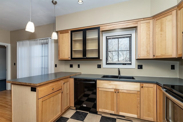 kitchen with sink, stainless steel electric range, dishwasher, hanging light fixtures, and kitchen peninsula