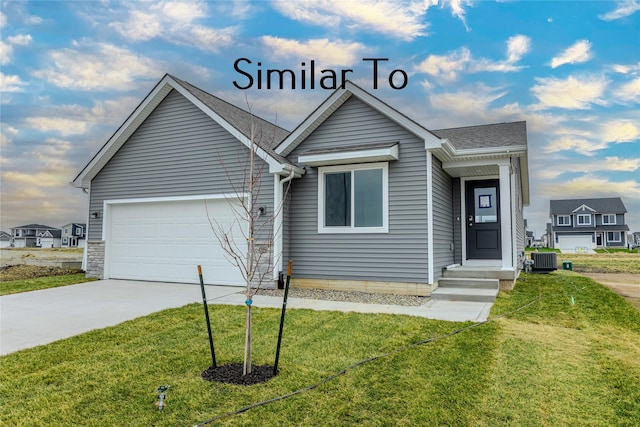 view of front of home with a garage, central air condition unit, and a front lawn