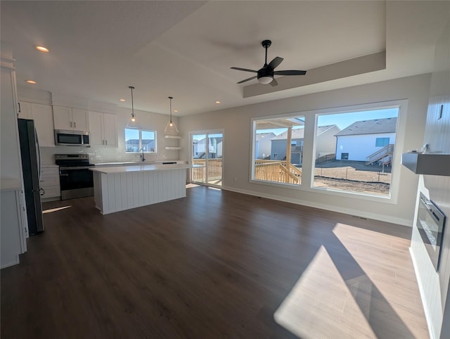 kitchen featuring a center island, appliances with stainless steel finishes, a tray ceiling, pendant lighting, and white cabinets