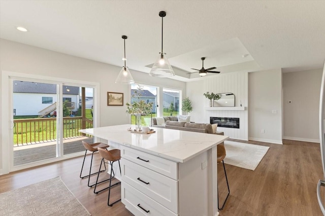 1902 16th Cir SE, Altoona, IA 50009 - kitchen with a kitchen breakfast bar, a raised ceiling, a center island, white cabinetry, and recessed lighting