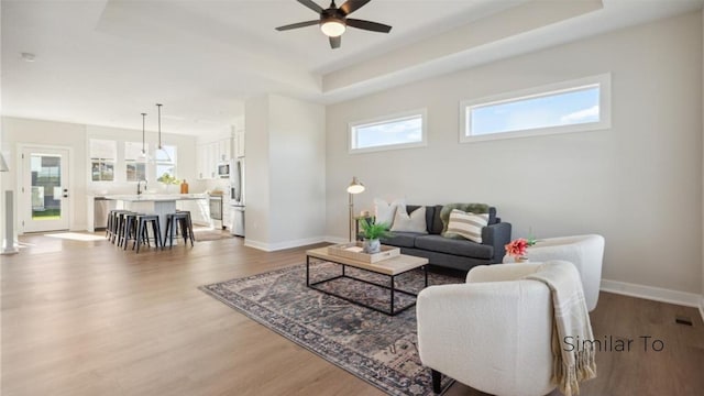 living room featuring sink, a tray ceiling, ceiling fan, and hardwood / wood-style flooring