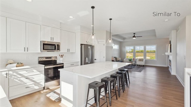 kitchen with a kitchen island, appliances with stainless steel finishes, a breakfast bar, white cabinetry, and a tray ceiling