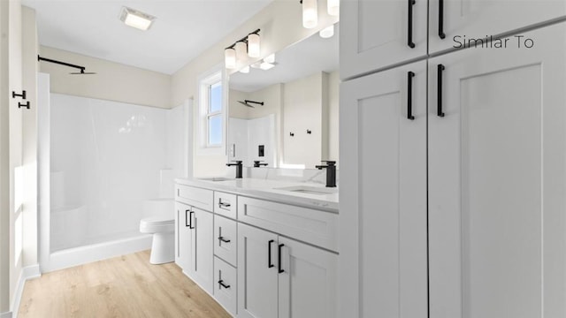 bathroom featuring toilet, wood-type flooring, vanity, and walk in shower