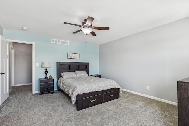 bedroom with ceiling fan and carpet