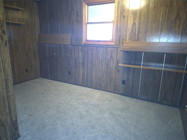 carpeted empty room with wood walls