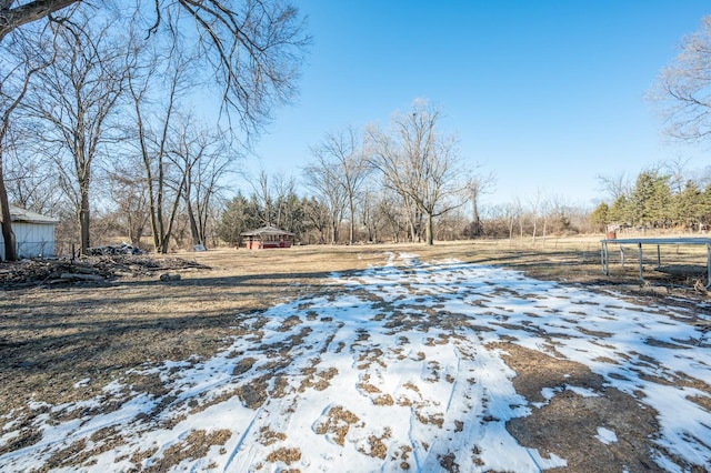 yard covered in snow with a trampoline