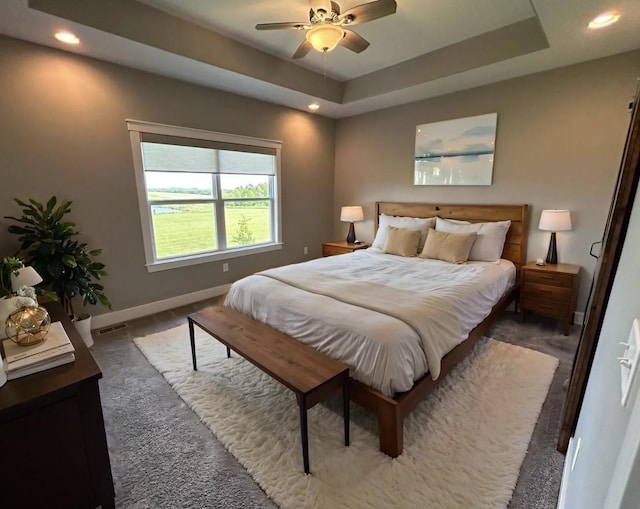 1837 15th Ave SE, Altoona, IA 50009 - bedroom with recessed lighting, carpet floors, baseboards, a raised ceiling, and a ceiling fan