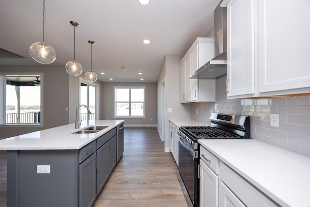 kitchen featuring sink, appliances with stainless steel finishes, white cabinetry, a center island with sink, and wall chimney exhaust hood