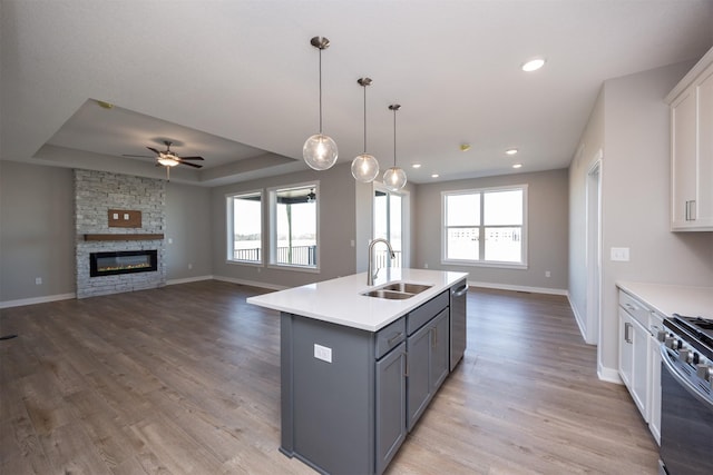 kitchen featuring sink, a center island with sink, white cabinets, and a tray ceiling