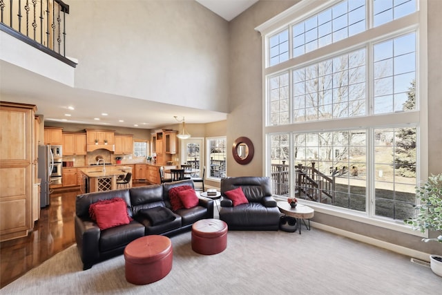 living room with hardwood / wood-style flooring, a towering ceiling, a healthy amount of sunlight, and sink