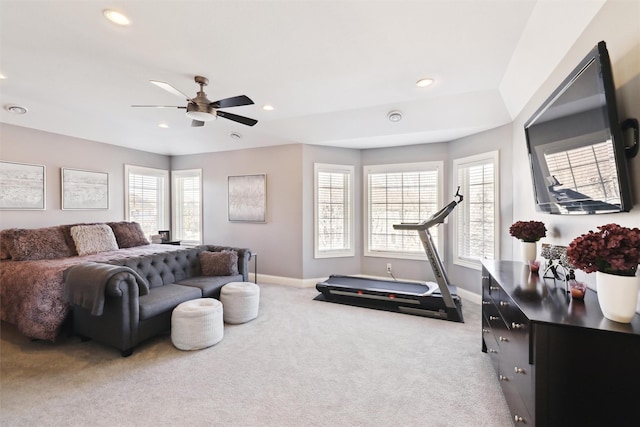 carpeted bedroom featuring ceiling fan