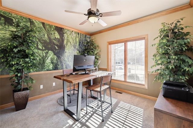 carpeted office with ceiling fan and ornamental molding